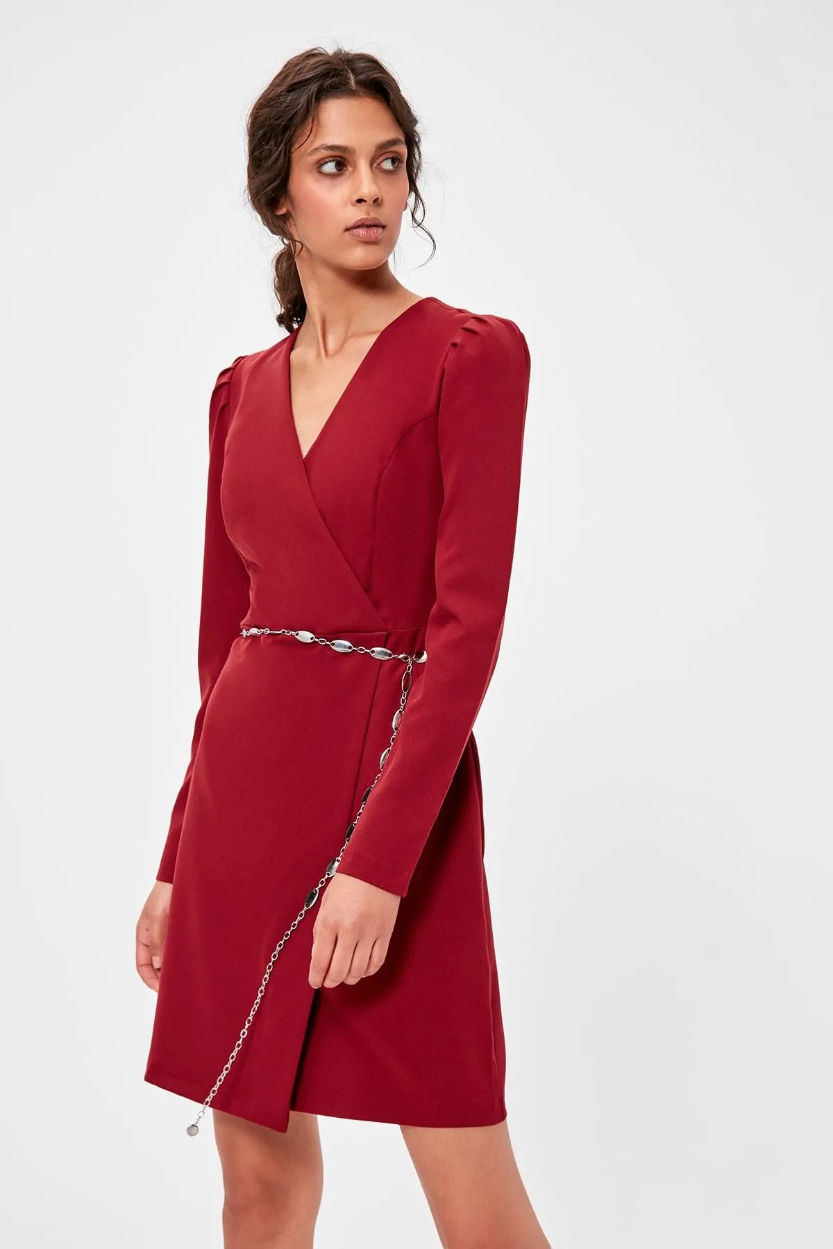 12726 Burgundy Wrap Collar Dress