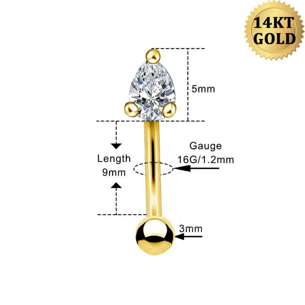 14K Solid Gold Rook Earring 16G Waterdrop CZ Eyebrow Ring