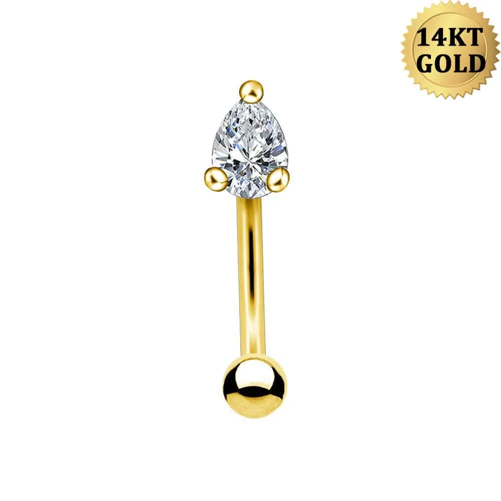 14K Solid Gold Rook Earring 16G Waterdrop CZ Eyebrow Ring