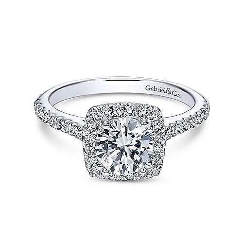 14K White Gold Cushion Halo Round Diamond Engagement Ring