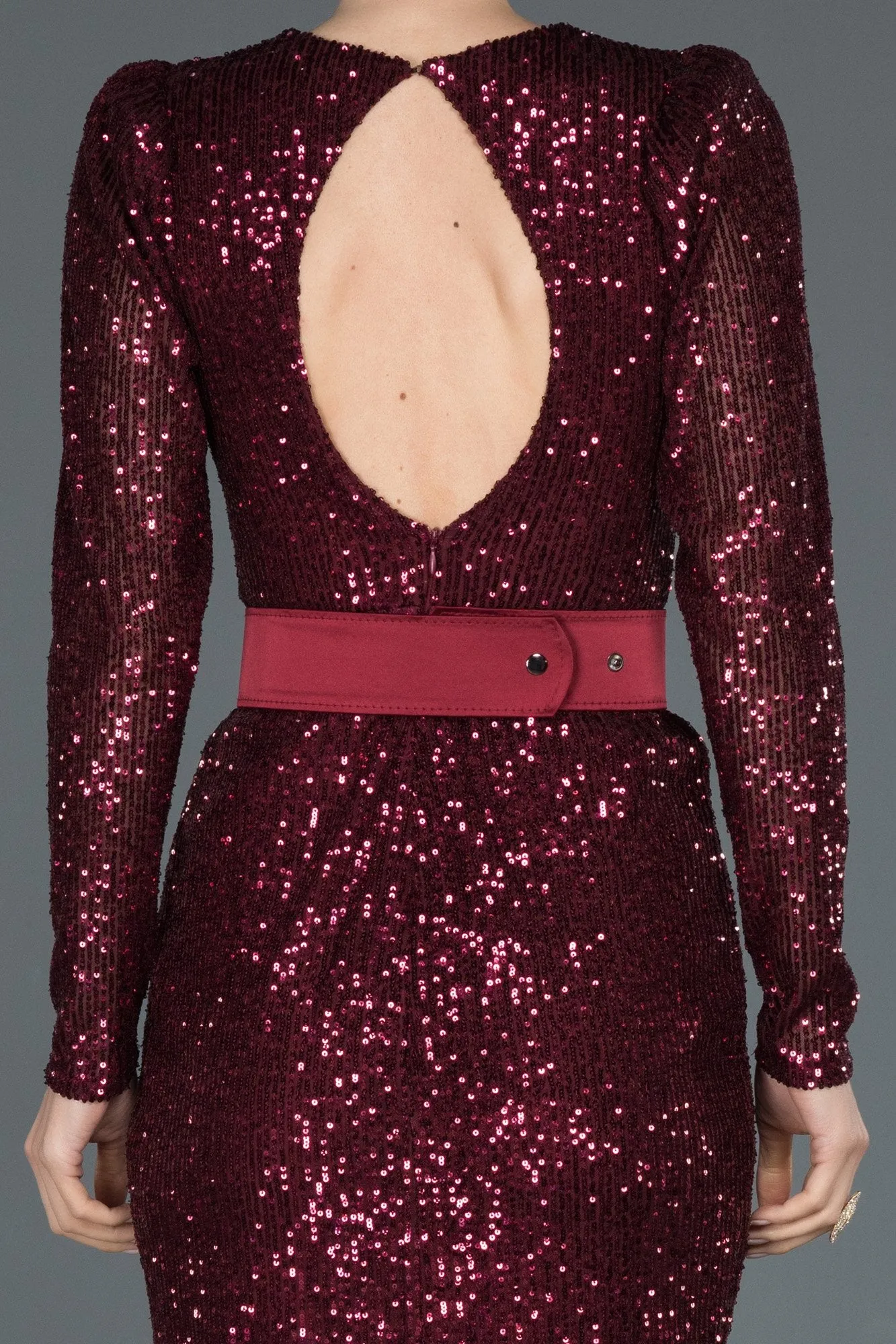 16061 Burgundy Draped Cutout Back Sequined Dress