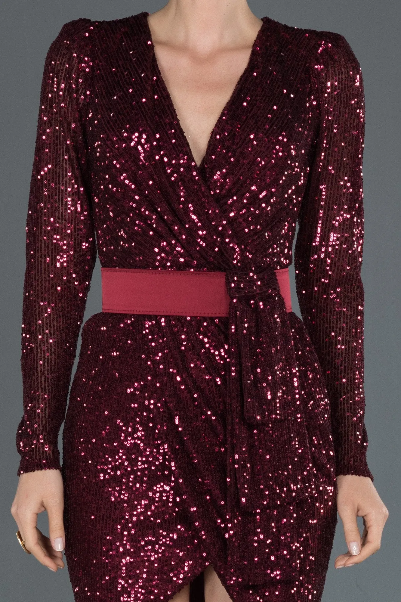 16061 Burgundy Draped Cutout Back Sequined Dress