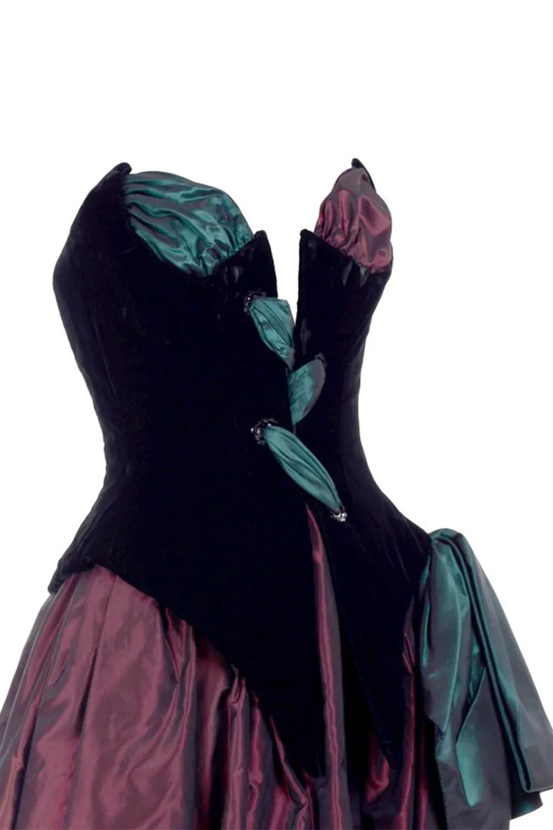 1980s Bob Mackie Strapless Corset Dress W Wrap Green & Burgundy Velvet & Taffeta