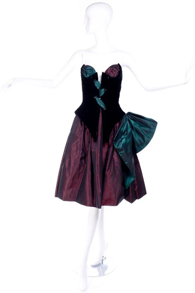 1980s Bob Mackie Strapless Corset Dress W Wrap Green & Burgundy Velvet & Taffeta