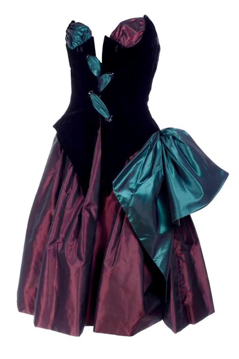 1980s Bob Mackie Strapless Corset Dress W Wrap Green & Burgundy Velvet & Taffeta