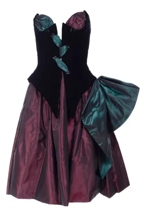 1980s Bob Mackie Strapless Corset Dress W Wrap Green & Burgundy Velvet & Taffeta