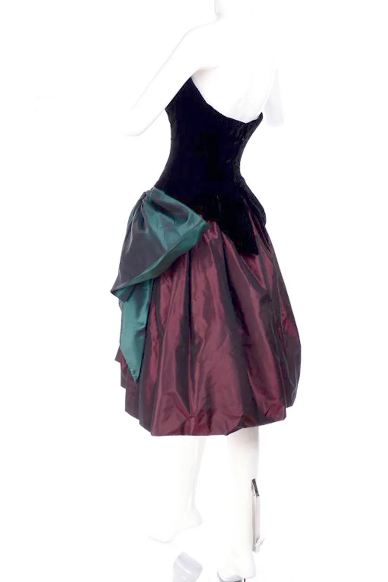 1980s Bob Mackie Strapless Corset Dress W Wrap Green & Burgundy Velvet & Taffeta