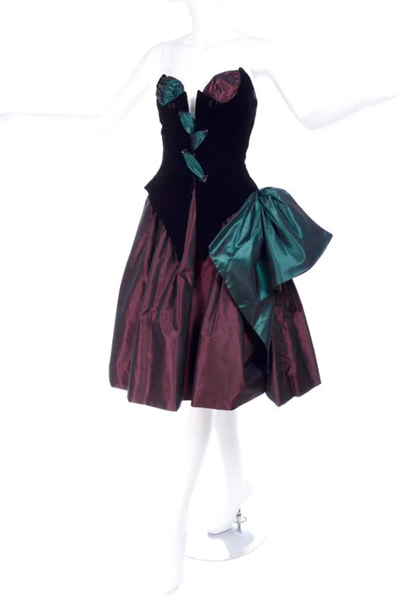 1980s Bob Mackie Strapless Corset Dress W Wrap Green & Burgundy Velvet & Taffeta