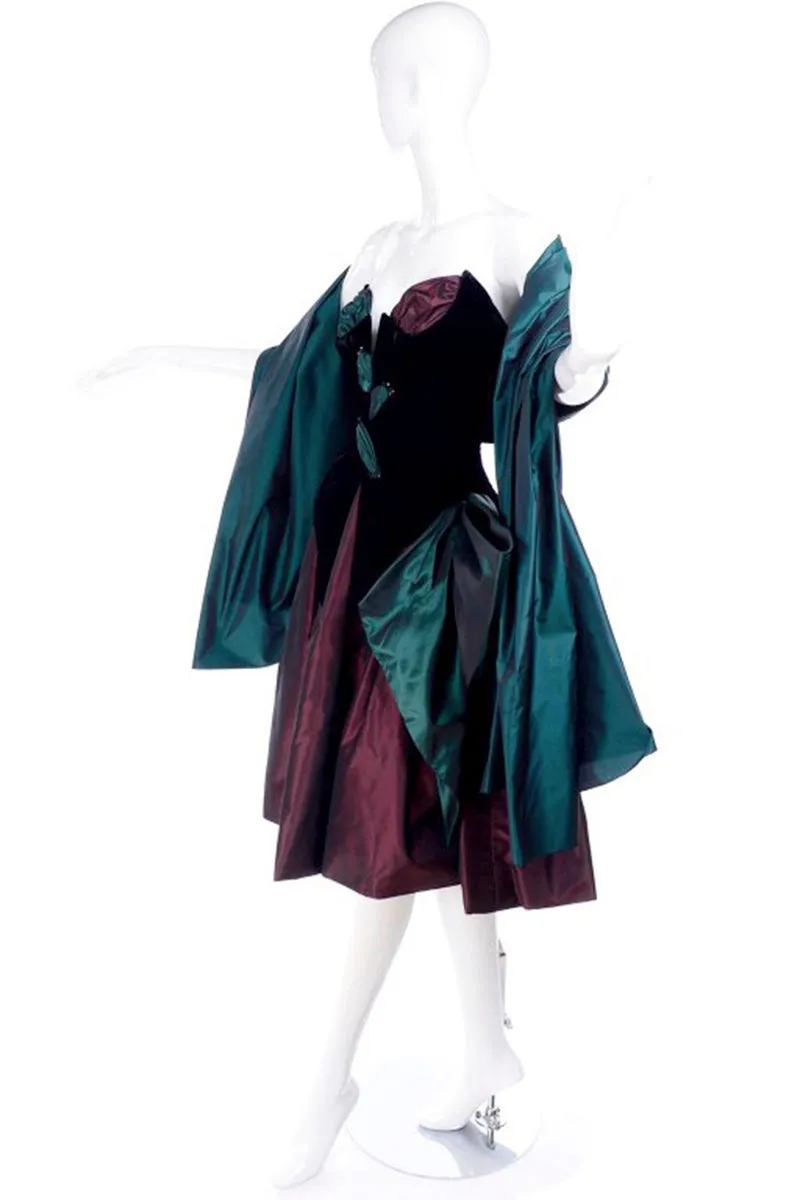 1980s Bob Mackie Strapless Corset Dress W Wrap Green & Burgundy Velvet & Taffeta