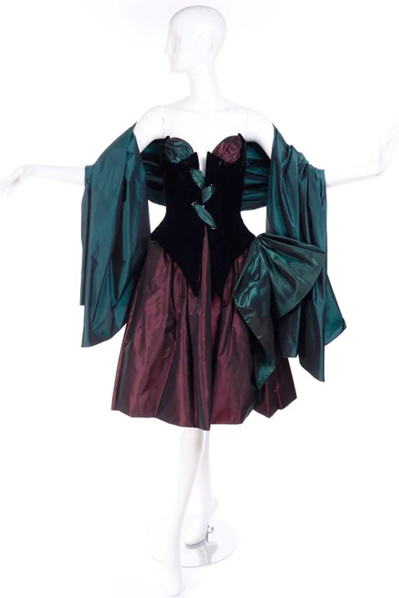 1980s Bob Mackie Strapless Corset Dress W Wrap Green & Burgundy Velvet & Taffeta