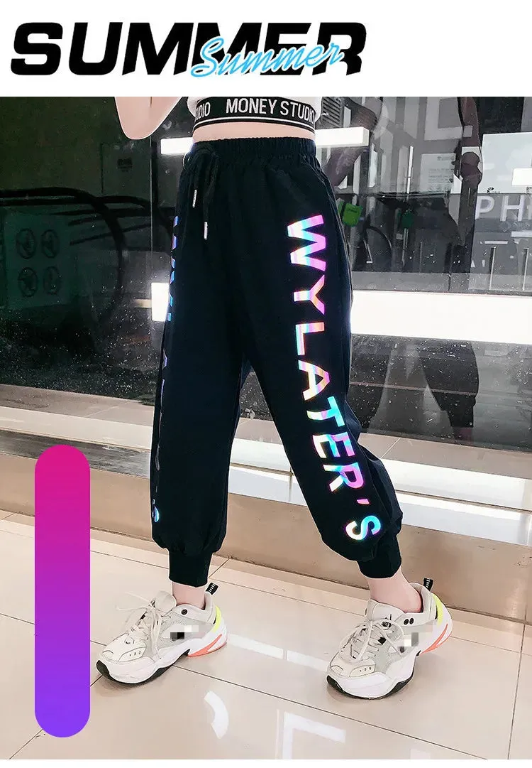 2020 Summer Girls Pants Reflective Joggers Girls Harem Pants Track Thin Sweatpants Letter printed Trousers Fashion Girls Clothes