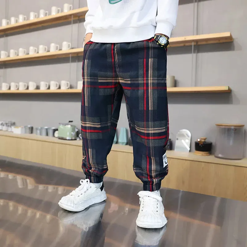 2024 Fashion Boys Cotton Plaid Pants Spring Autumn Toddler Casual Kids Loose Trousers Sweatpants for Teenage Children Clothes