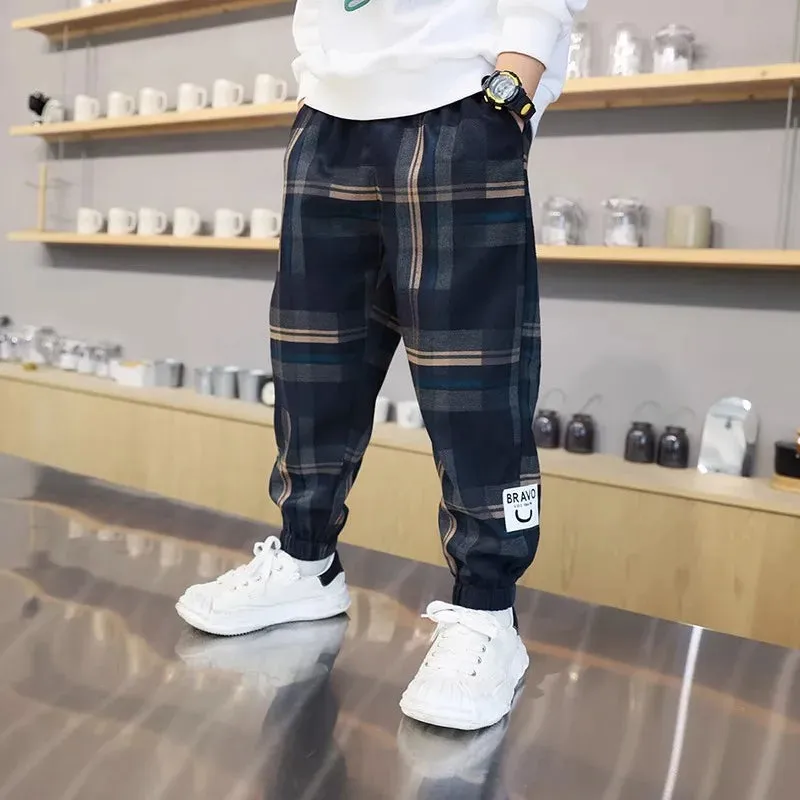 2024 Fashion Boys Cotton Plaid Pants Spring Autumn Toddler Casual Kids Loose Trousers Sweatpants for Teenage Children Clothes