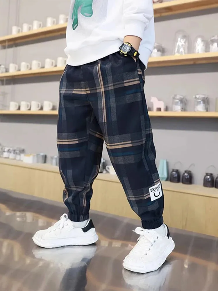 2024 Fashion Boys Cotton Plaid Pants Spring Autumn Toddler Casual Kids Loose Trousers Sweatpants for Teenage Children Clothes