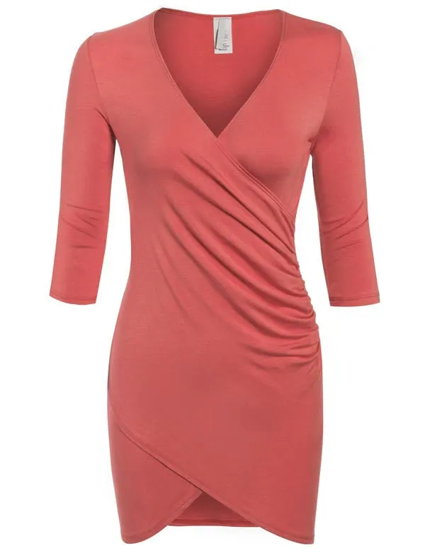 3/4 Sleeve Front Wrap Ruched Shirred Slim Fit Mini Dress