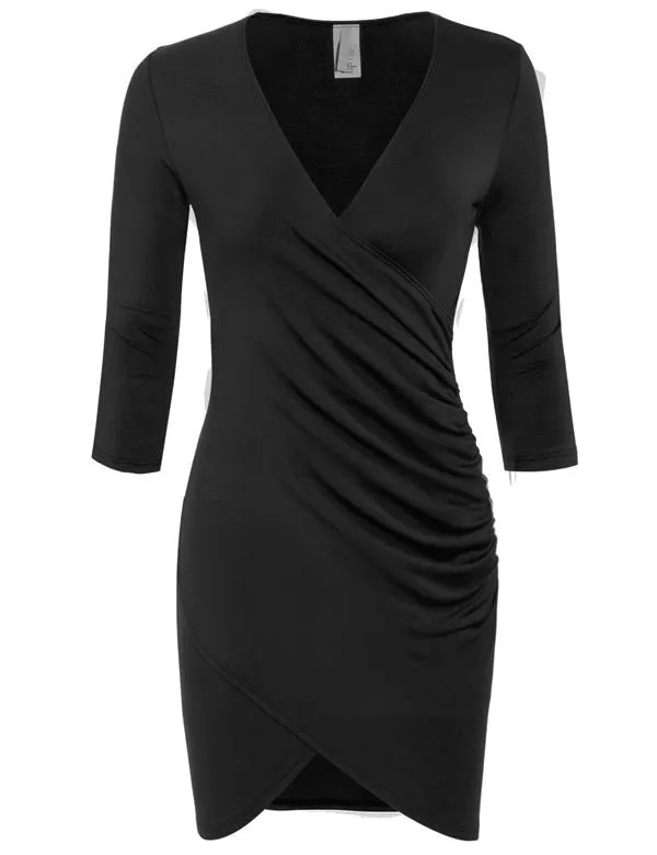 3/4 Sleeve Front Wrap Ruched Shirred Slim Fit Mini Dress