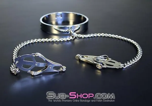 3613HS    Erotic Enslavement Stainless Steel Bondage Collar with Clover Clamps