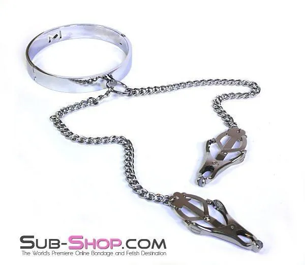 3613HS    Erotic Enslavement Stainless Steel Bondage Collar with Clover Clamps