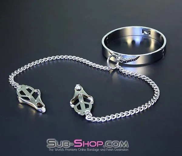 3613HS    Erotic Enslavement Stainless Steel Bondage Collar with Clover Clamps