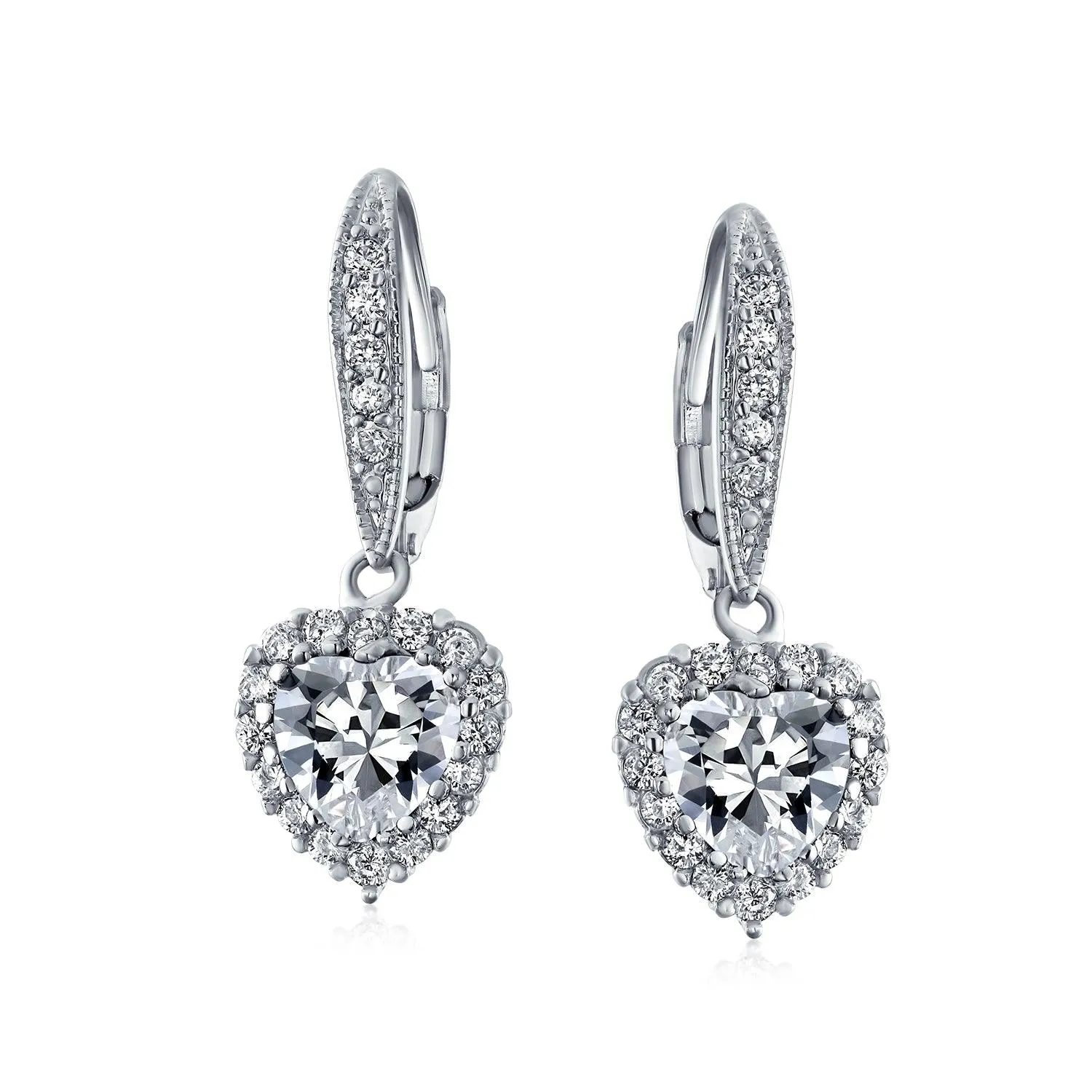 4CT AAA CZ Bridal Halo Heart Shape Dangle Lever back Earrings