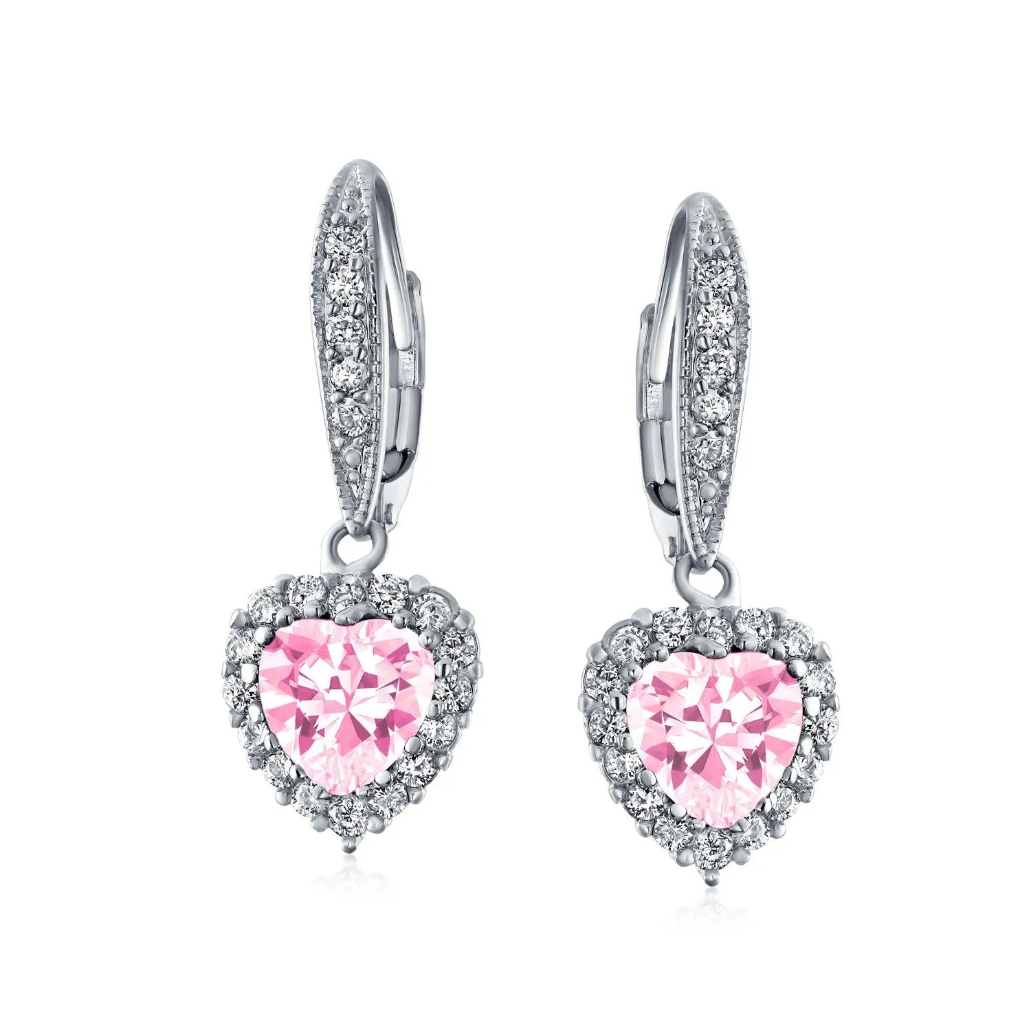 4CT AAA CZ Bridal Halo Heart Shape Dangle Lever back Earrings