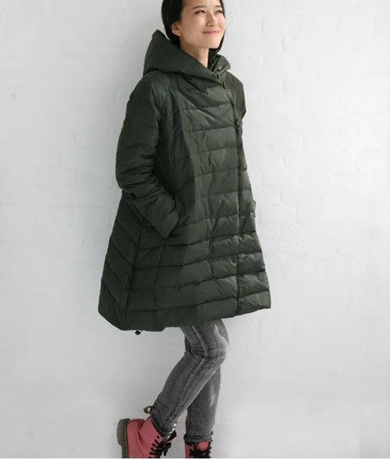 A-line Casual Hooded Winter Puffer Coat Women Down Jacket Any Size 63702