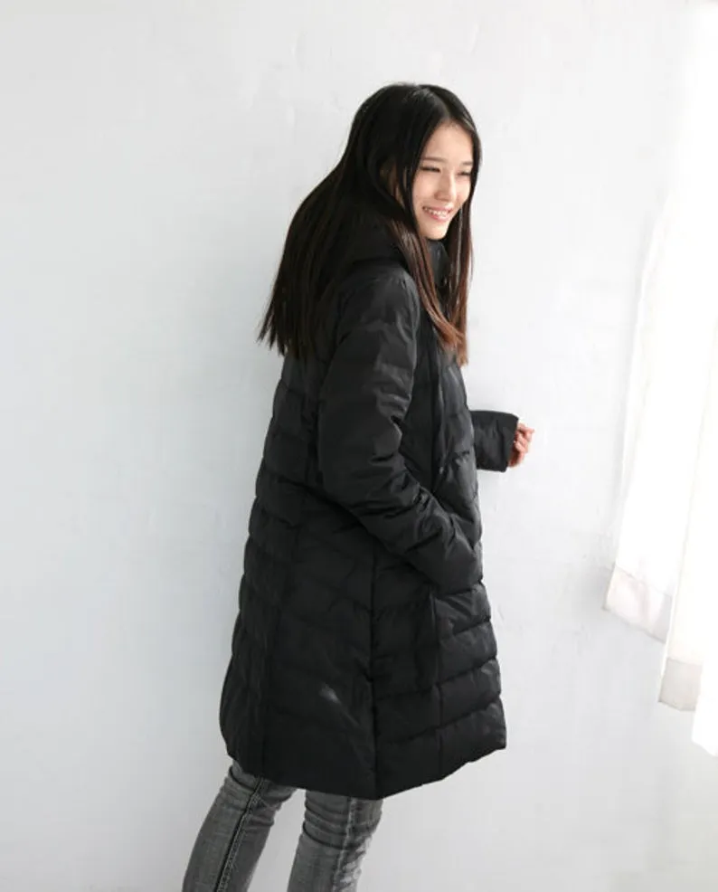 A-line Casual Hooded Winter Puffer Coat Women Down Jacket Any Size 63702