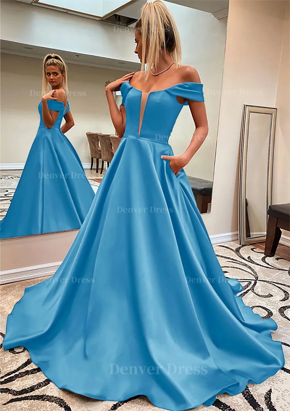 A-line Off-the-Shoulder Sleeveless Satin Sweep Train Prom Dress With Pockets