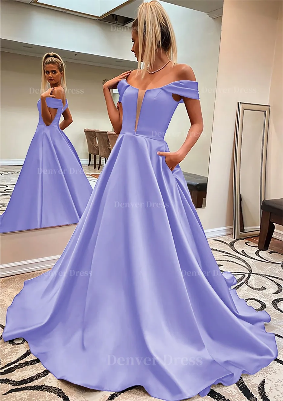 A-line Off-the-Shoulder Sleeveless Satin Sweep Train Prom Dress With Pockets