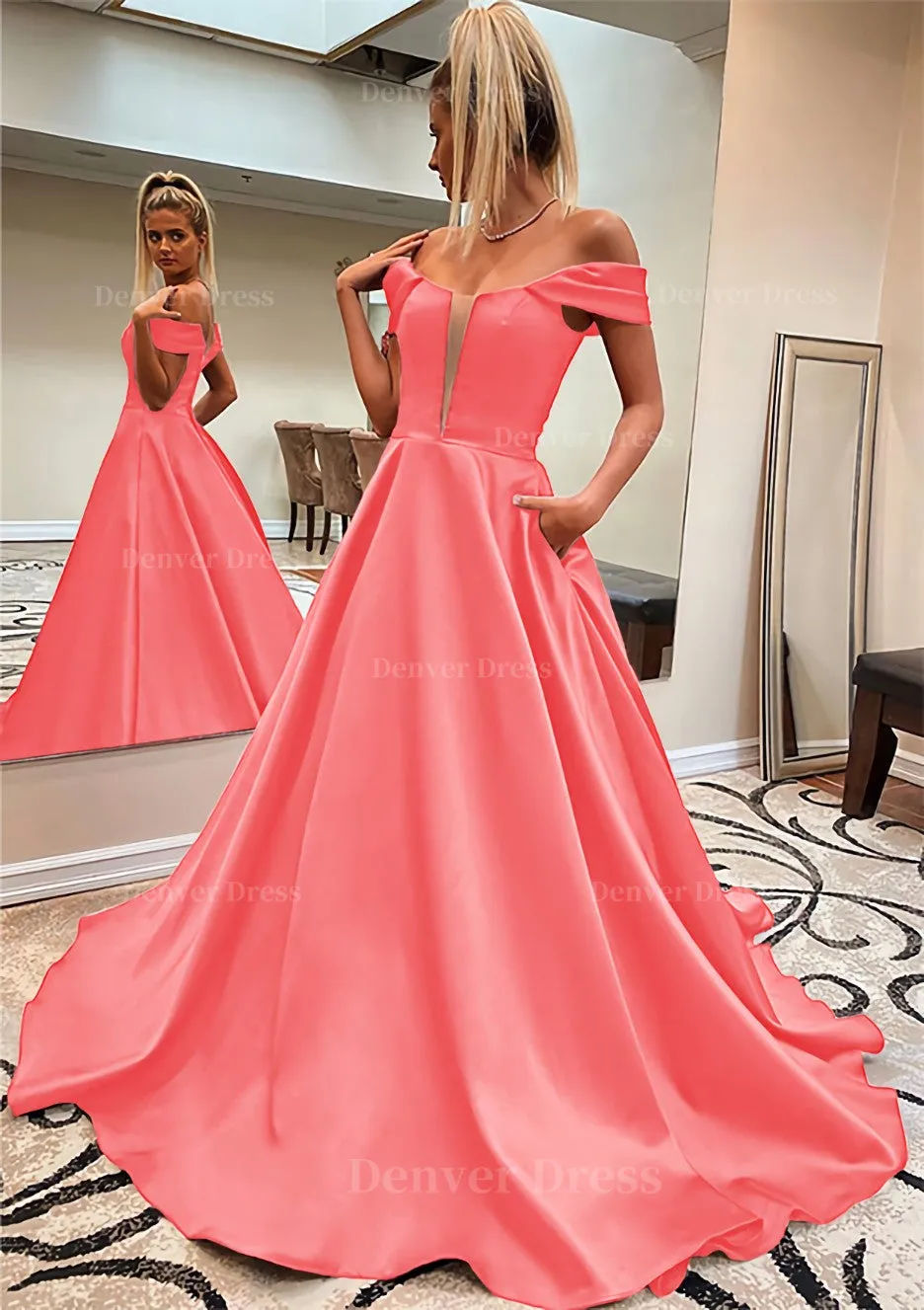 A-line Off-the-Shoulder Sleeveless Satin Sweep Train Prom Dress With Pockets