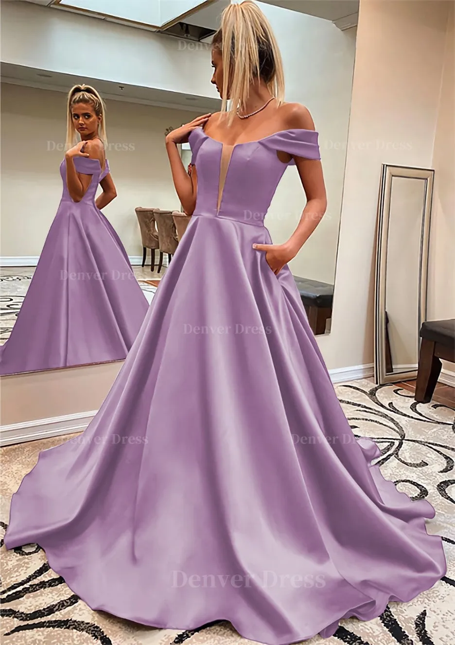 A-line Off-the-Shoulder Sleeveless Satin Sweep Train Prom Dress With Pockets