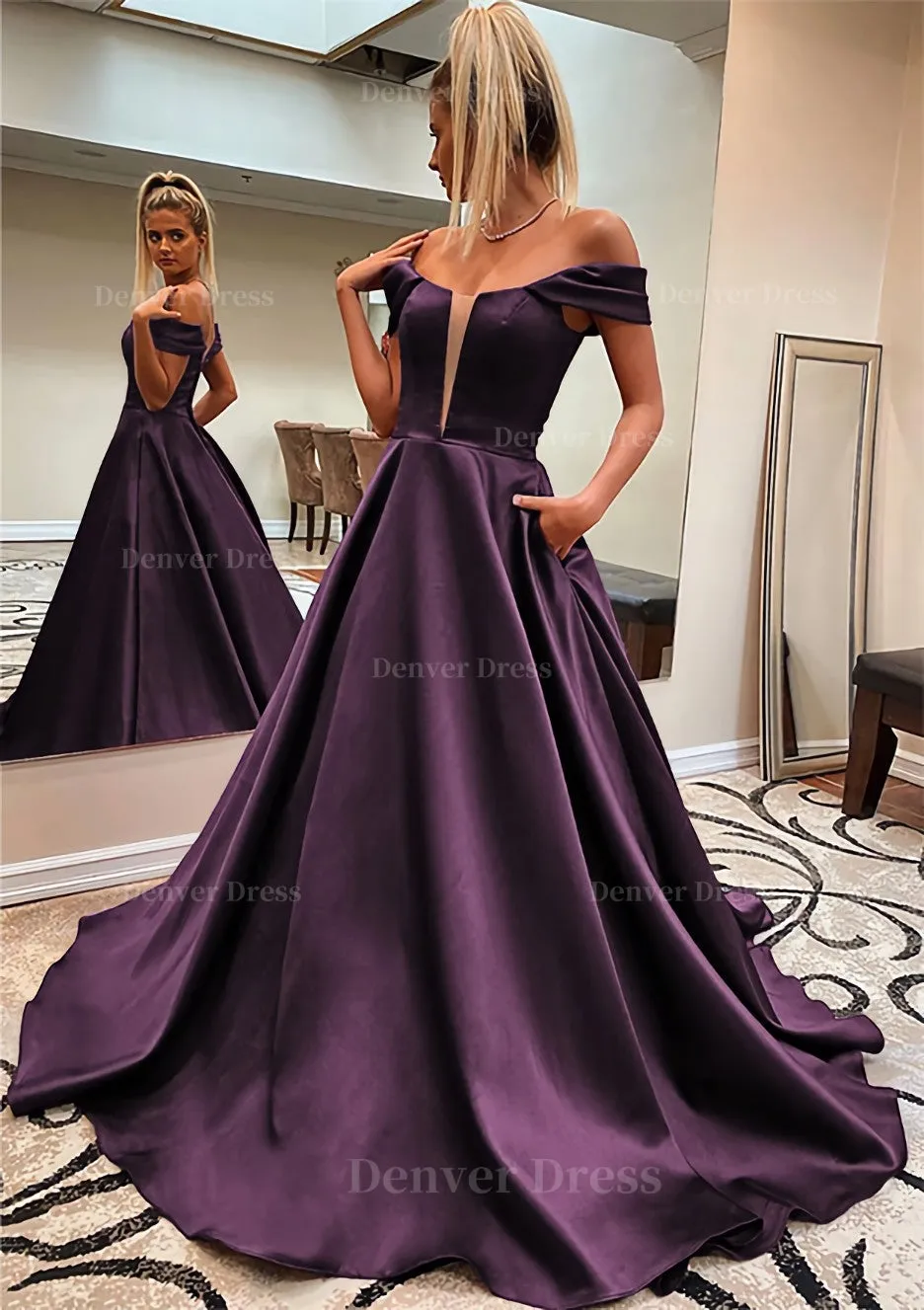 A-line Off-the-Shoulder Sleeveless Satin Sweep Train Prom Dress With Pockets