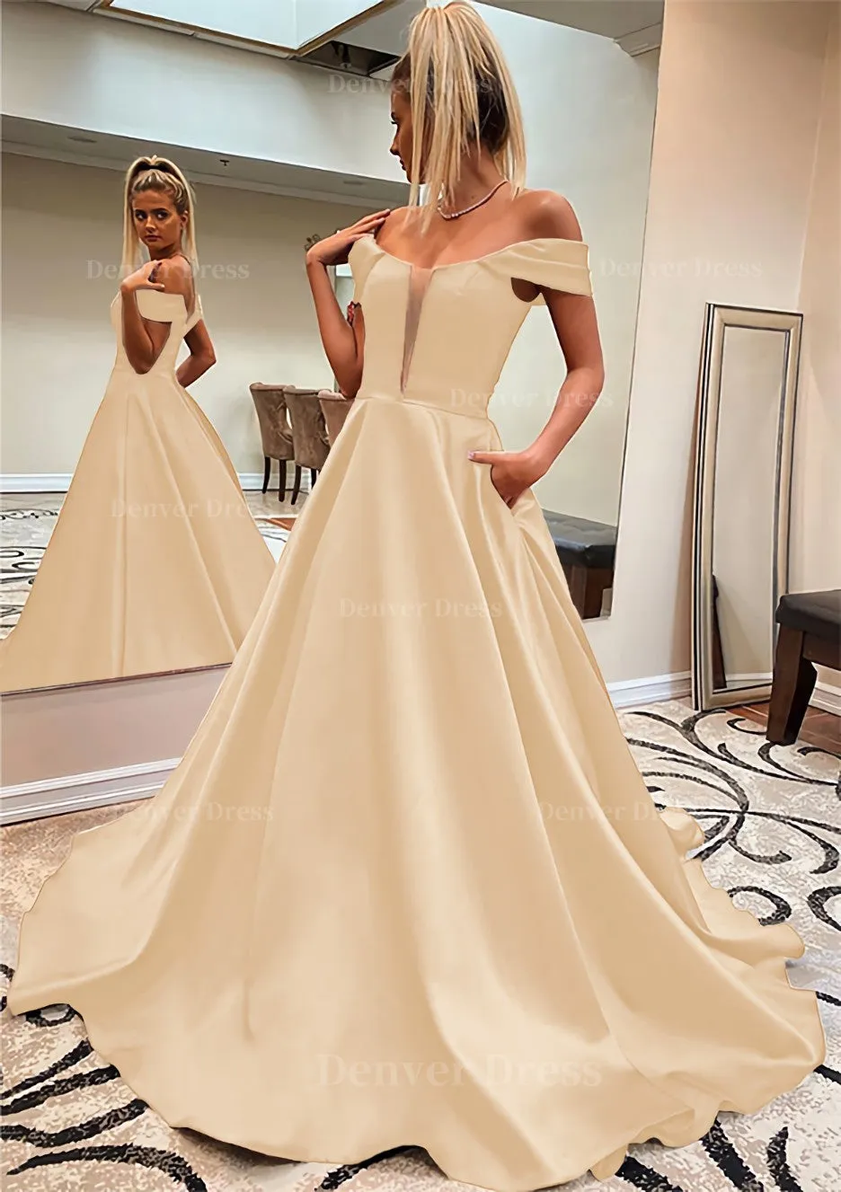 A-line Off-the-Shoulder Sleeveless Satin Sweep Train Prom Dress With Pockets