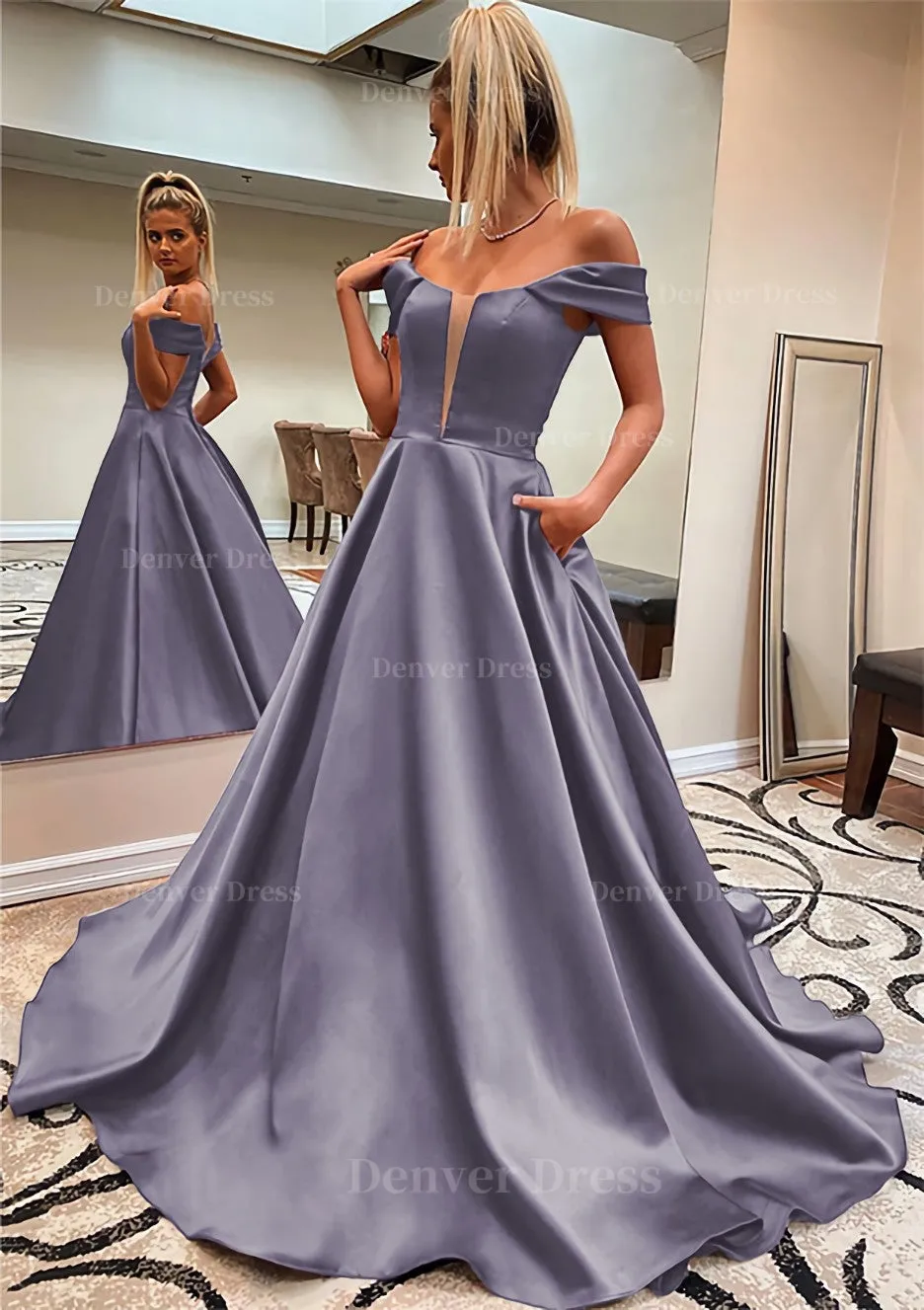 A-line Off-the-Shoulder Sleeveless Satin Sweep Train Prom Dress With Pockets