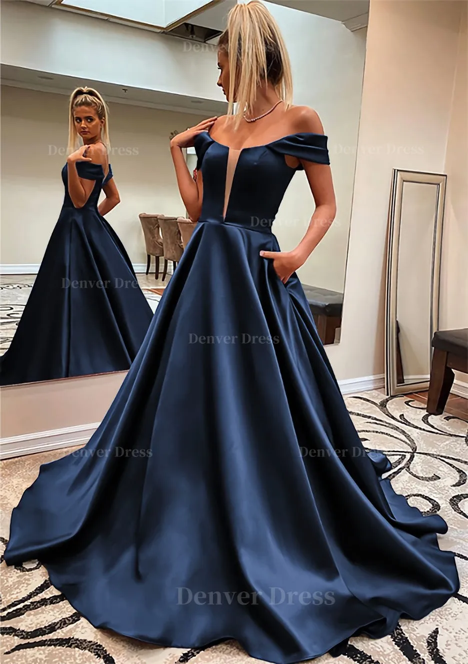 A-line Off-the-Shoulder Sleeveless Satin Sweep Train Prom Dress With Pockets