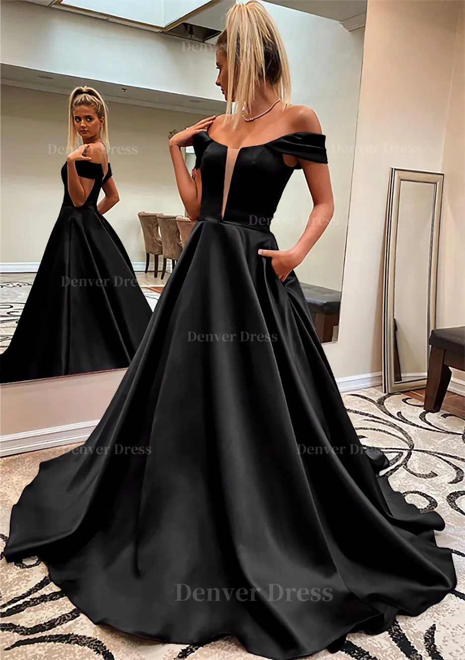 A-line Off-the-Shoulder Sleeveless Satin Sweep Train Prom Dress With Pockets