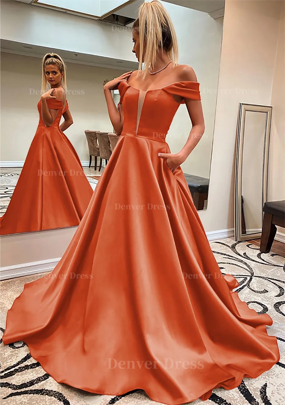 A-line Off-the-Shoulder Sleeveless Satin Sweep Train Prom Dress With Pockets