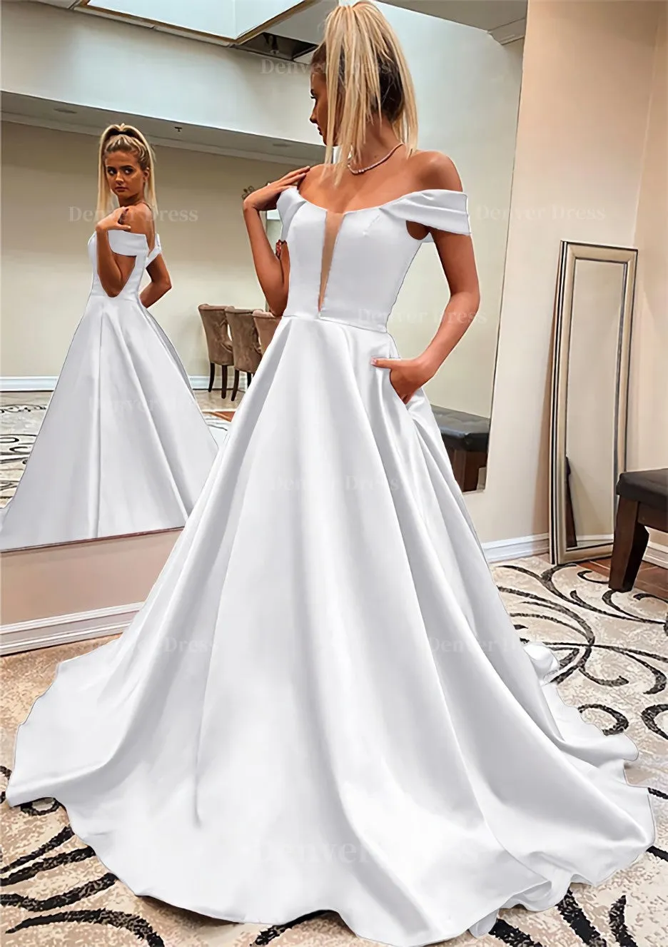 A-line Off-the-Shoulder Sleeveless Satin Sweep Train Prom Dress With Pockets