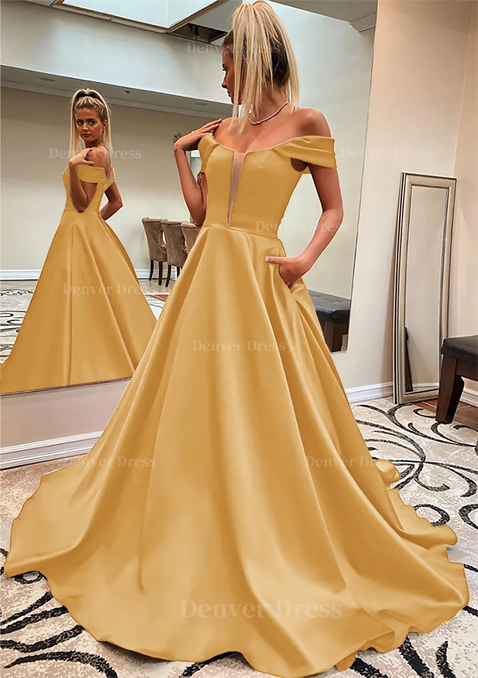 A-line Off-the-Shoulder Sleeveless Satin Sweep Train Prom Dress With Pockets