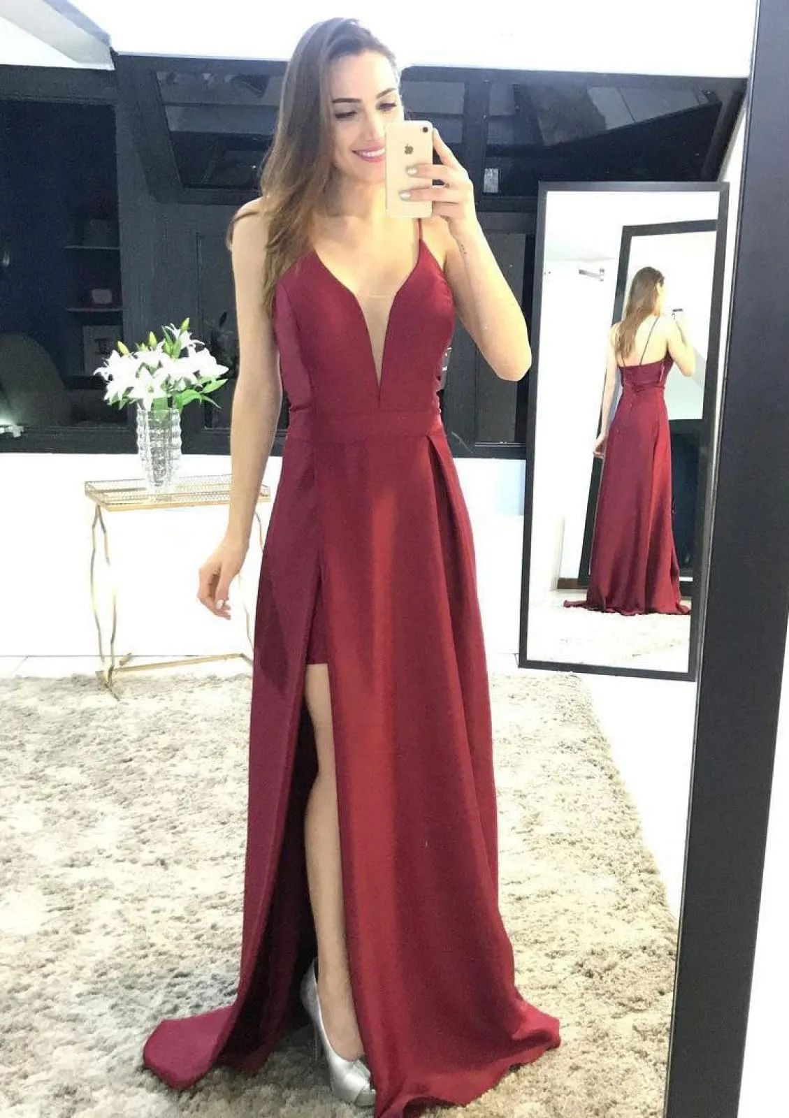 A-line Plunging Straps Sleeveless Sweep Burgundy Satin Prom Dress, Split