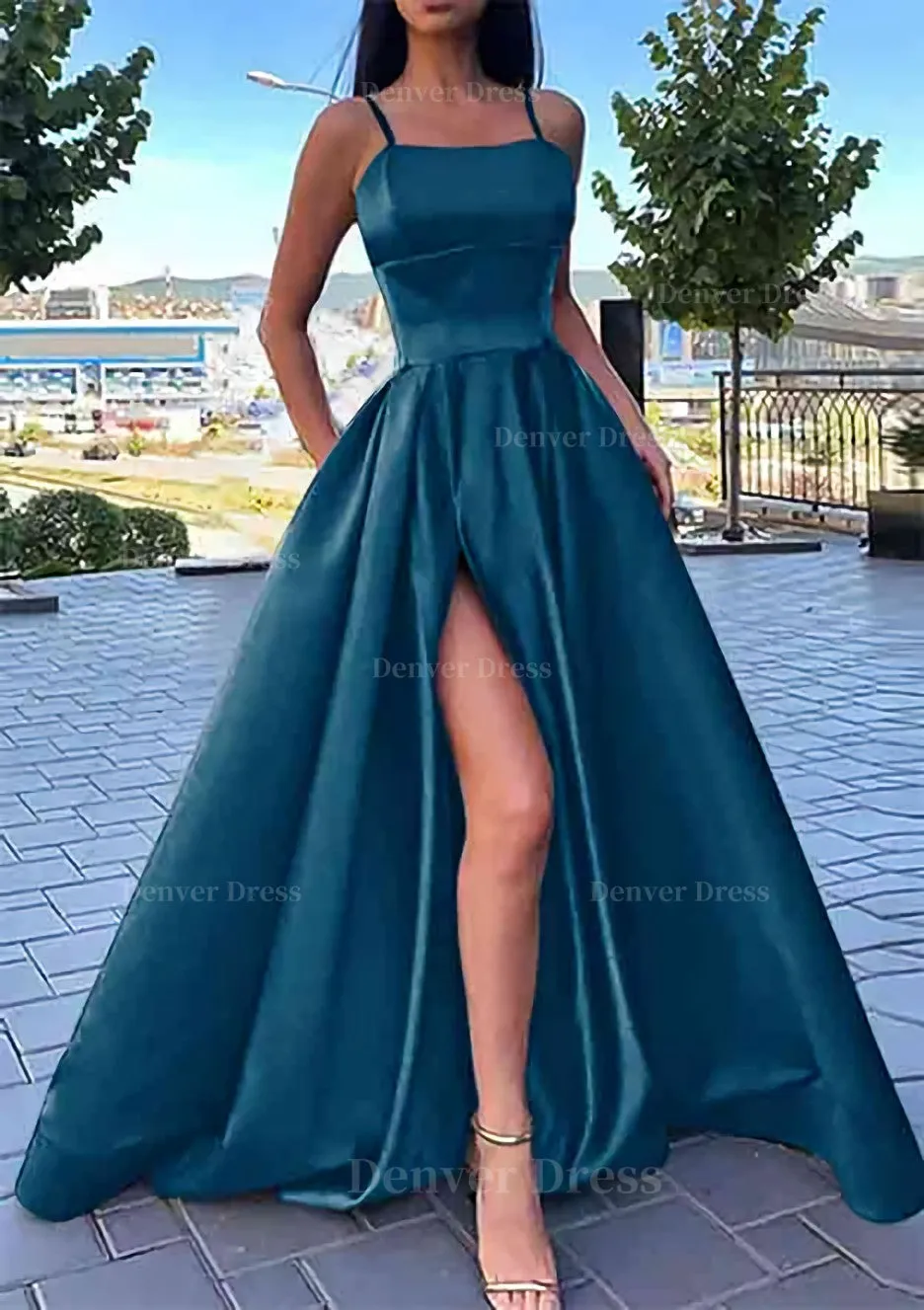 A-line Square Neckline Spaghetti Straps Long/Floor-Length Satin Prom Dress With Split Pockets