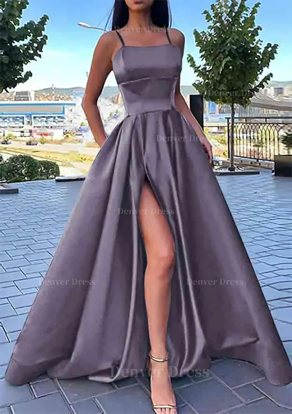 A-line Square Neckline Spaghetti Straps Long/Floor-Length Satin Prom Dress With Split Pockets