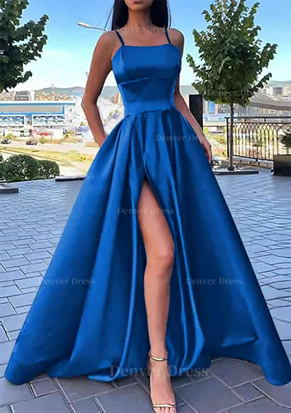 A-line Square Neckline Spaghetti Straps Long/Floor-Length Satin Prom Dress With Split Pockets