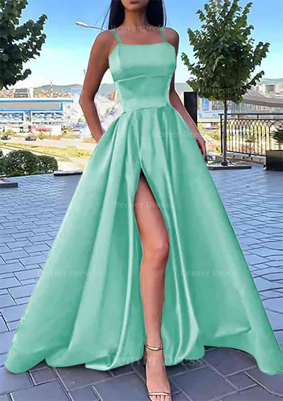 A-line Square Neckline Spaghetti Straps Long/Floor-Length Satin Prom Dress With Split Pockets