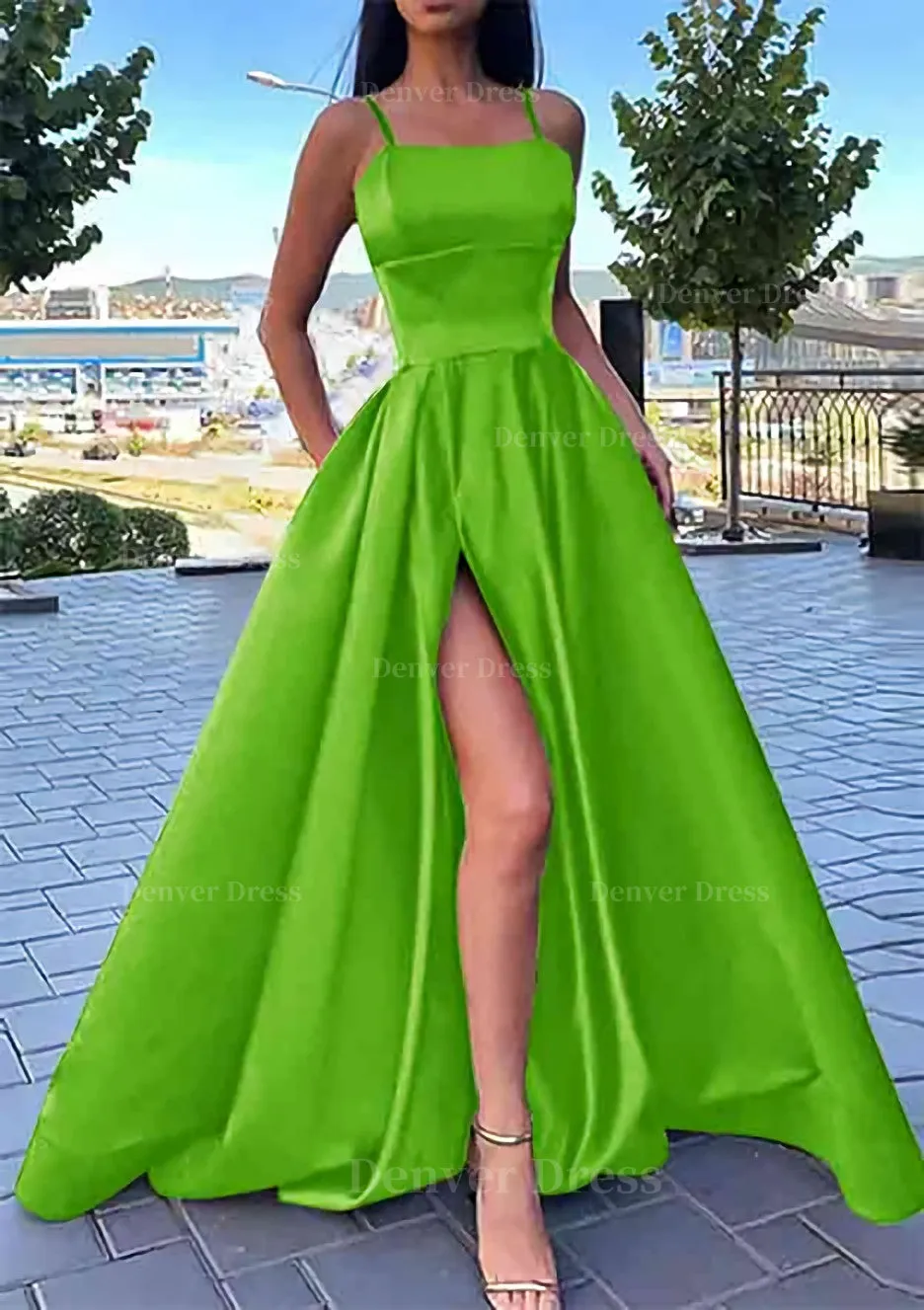 A-line Square Neckline Spaghetti Straps Long/Floor-Length Satin Prom Dress With Split Pockets