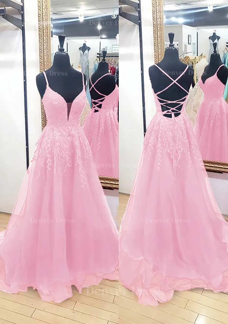 A-line V Neck Sleeveless Chapel Train Tulle Prom Dress With Appliqued Lace