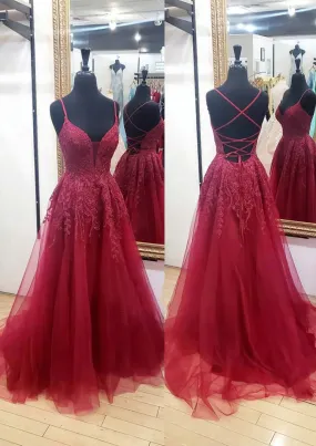 A-line V Neck Sleeveless Chapel Train Tulle Prom Dress With Appliqued Lace