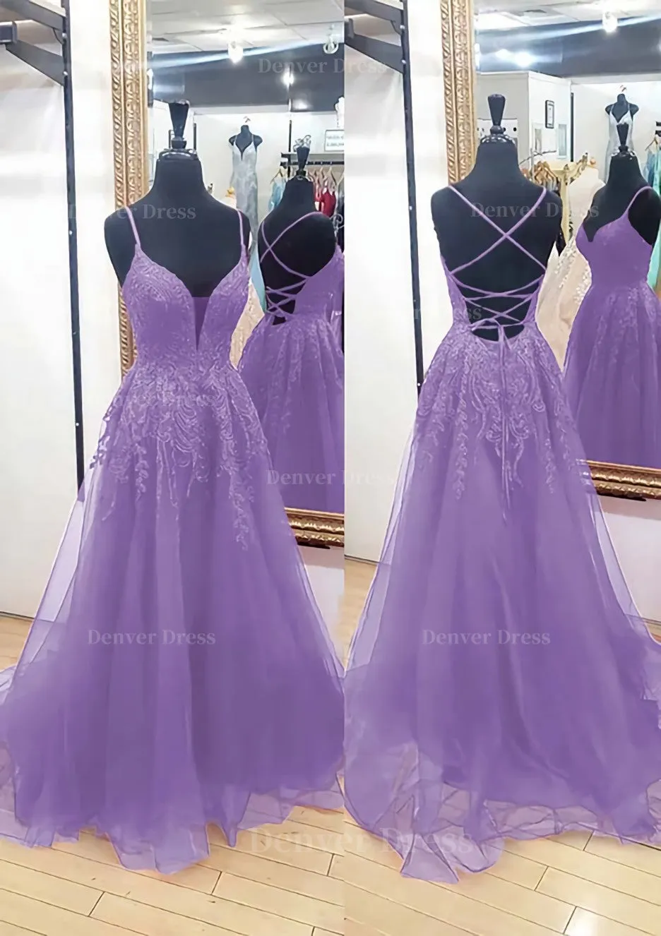 A-line V Neck Sleeveless Chapel Train Tulle Prom Dress With Appliqued Lace