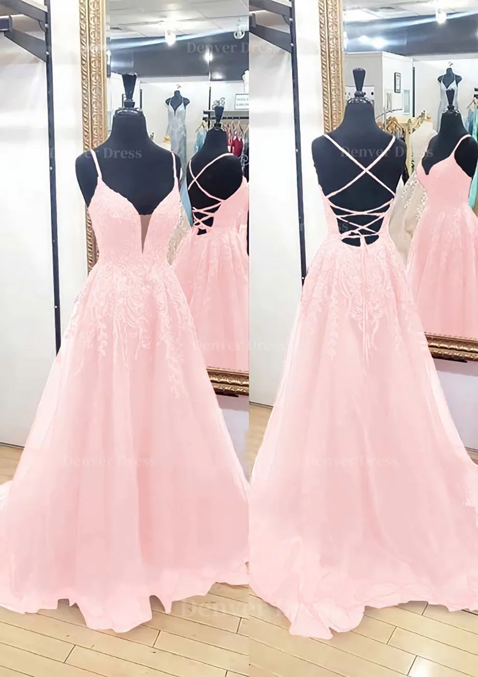 A-line V Neck Sleeveless Chapel Train Tulle Prom Dress With Appliqued Lace