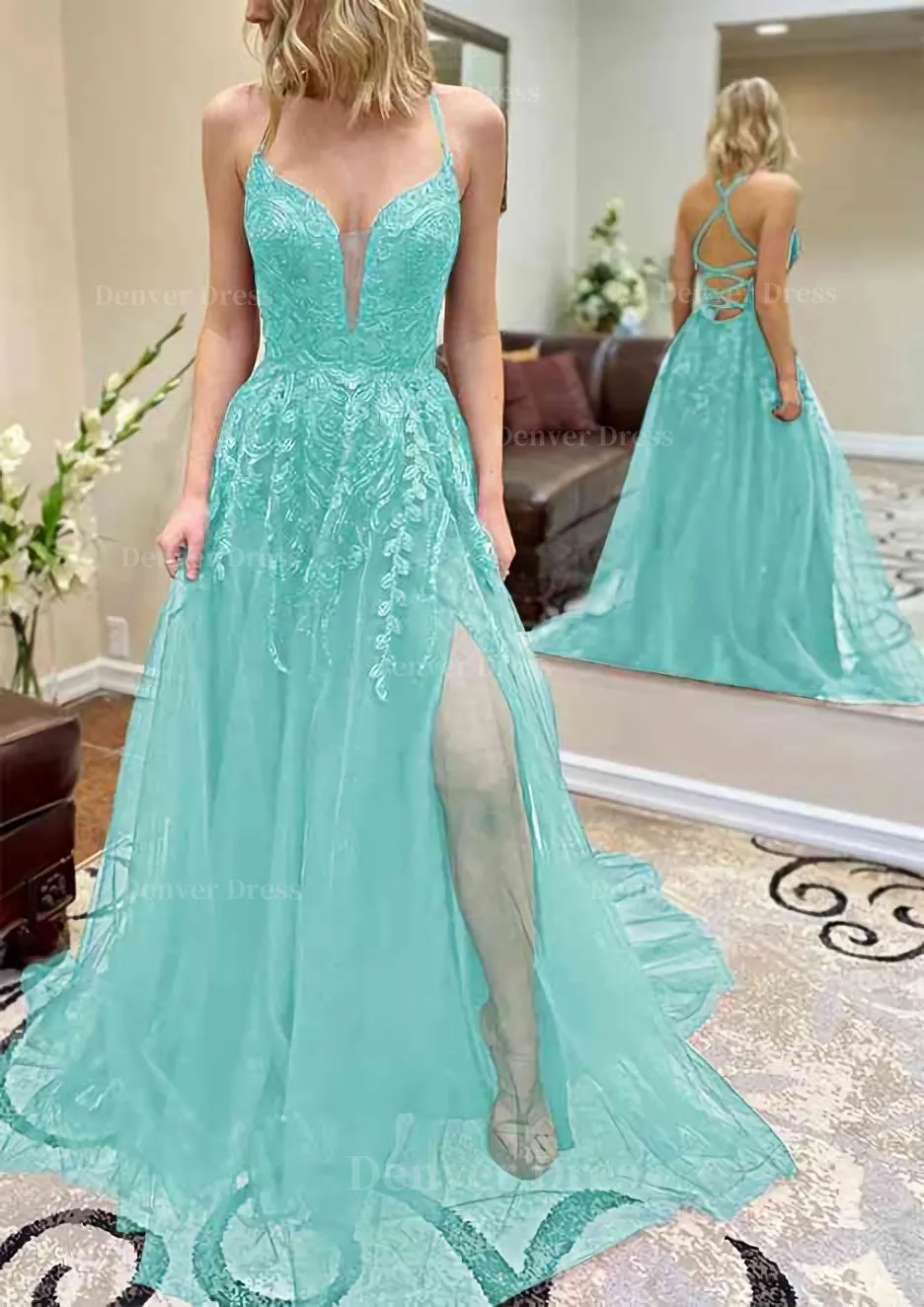 A-line V Neck Spaghetti Straps Chapel Train Tulle Prom Dress With Split Appliqued